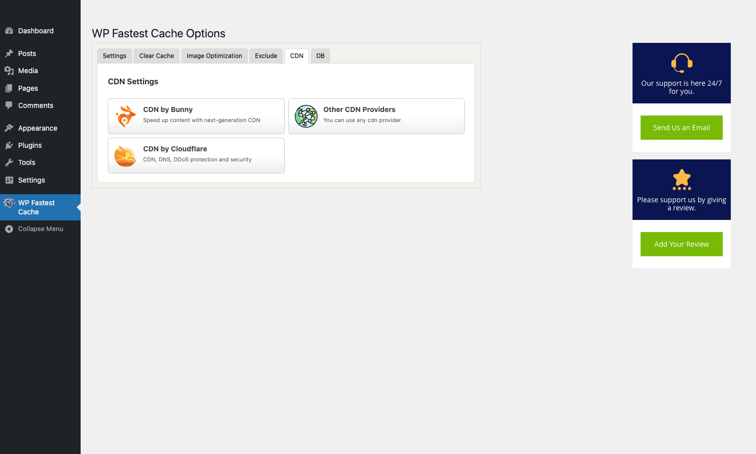 WP Fastest Cache CDN settings with Bunny, Cloudflare, Other providers
