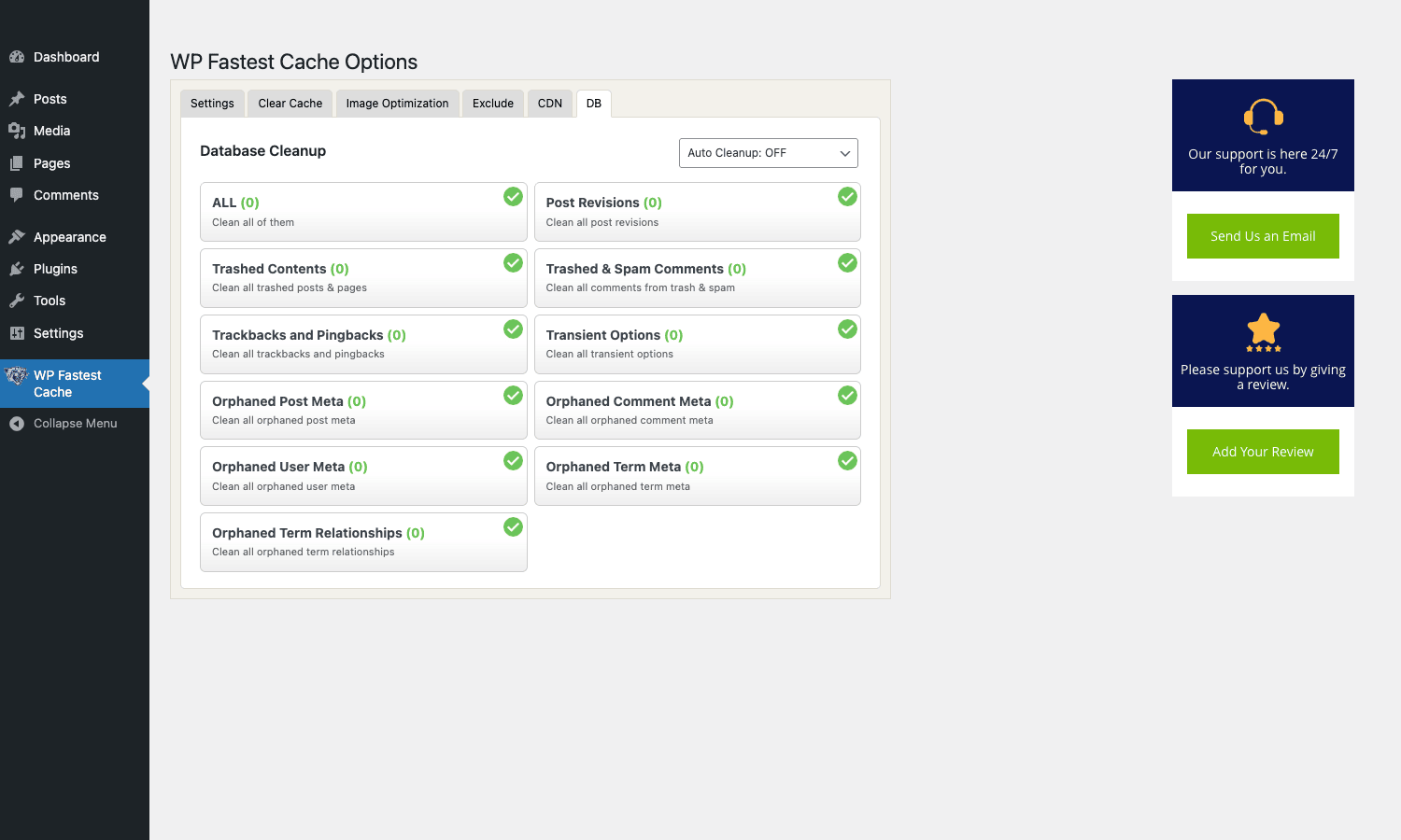 WP Fastest Cache DB cleanup with revision/transient/orphan counters