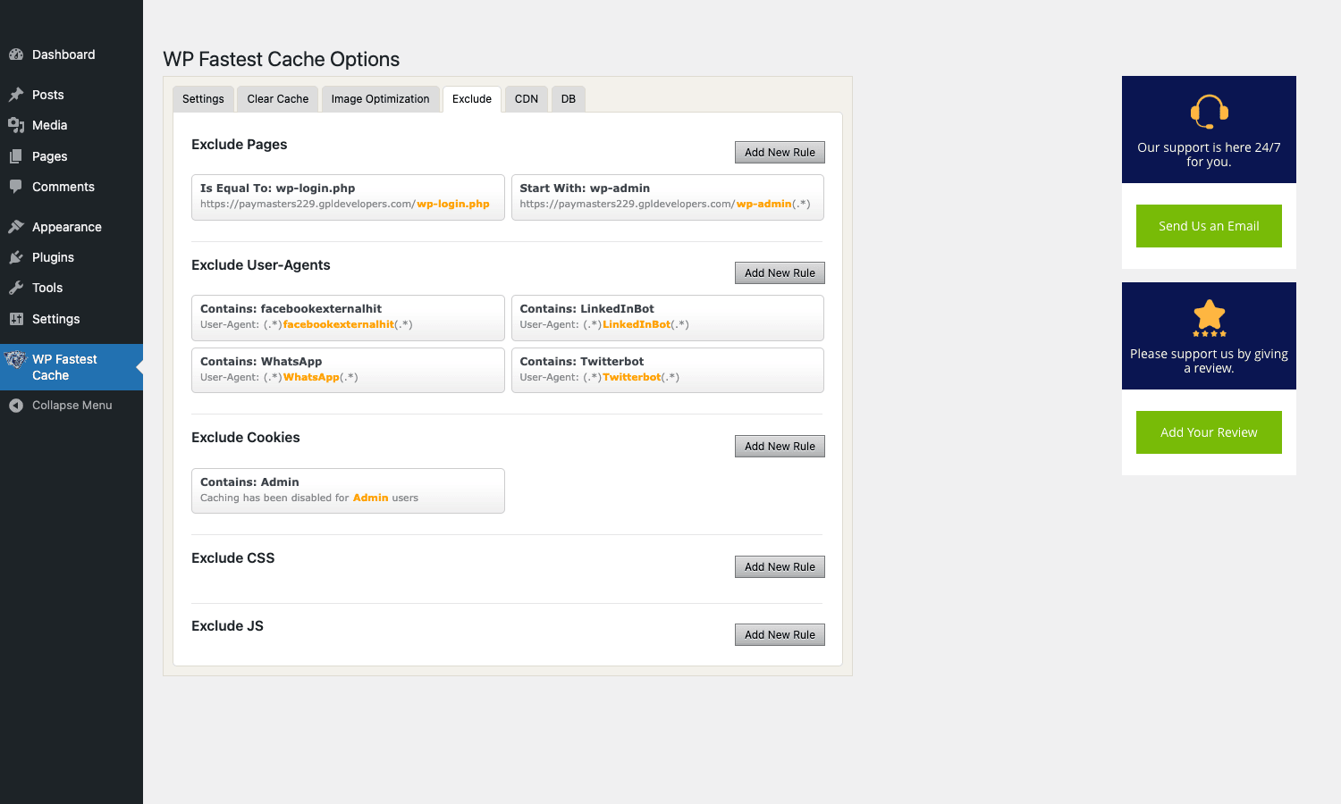 WP Fastest Cache Exclude tab with Pages and User-Agents lists