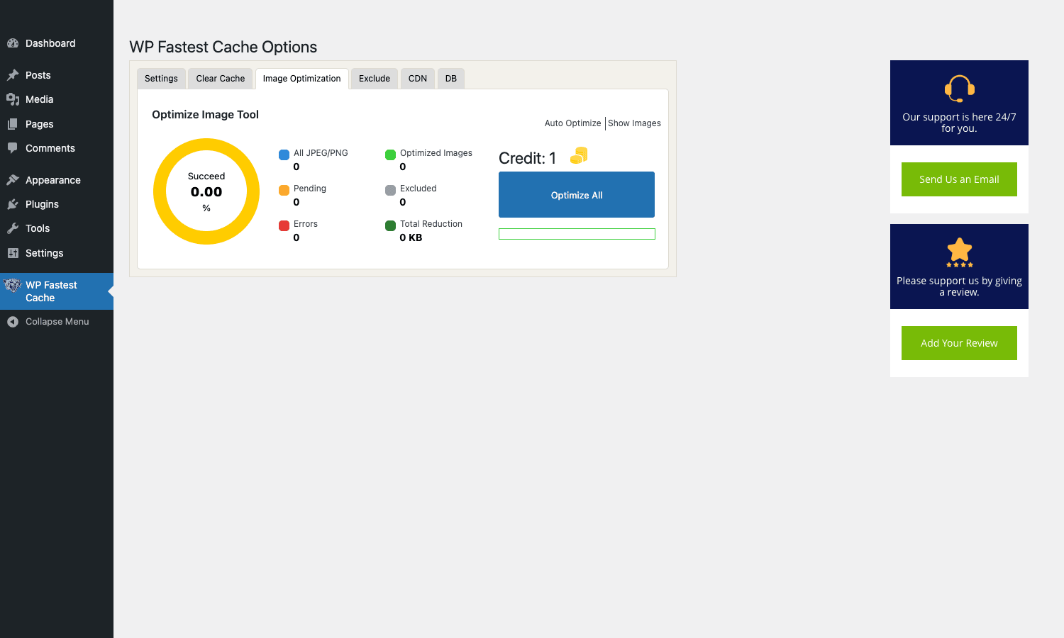 WP Fastest Cache Image Optimization stats and Optimize All button