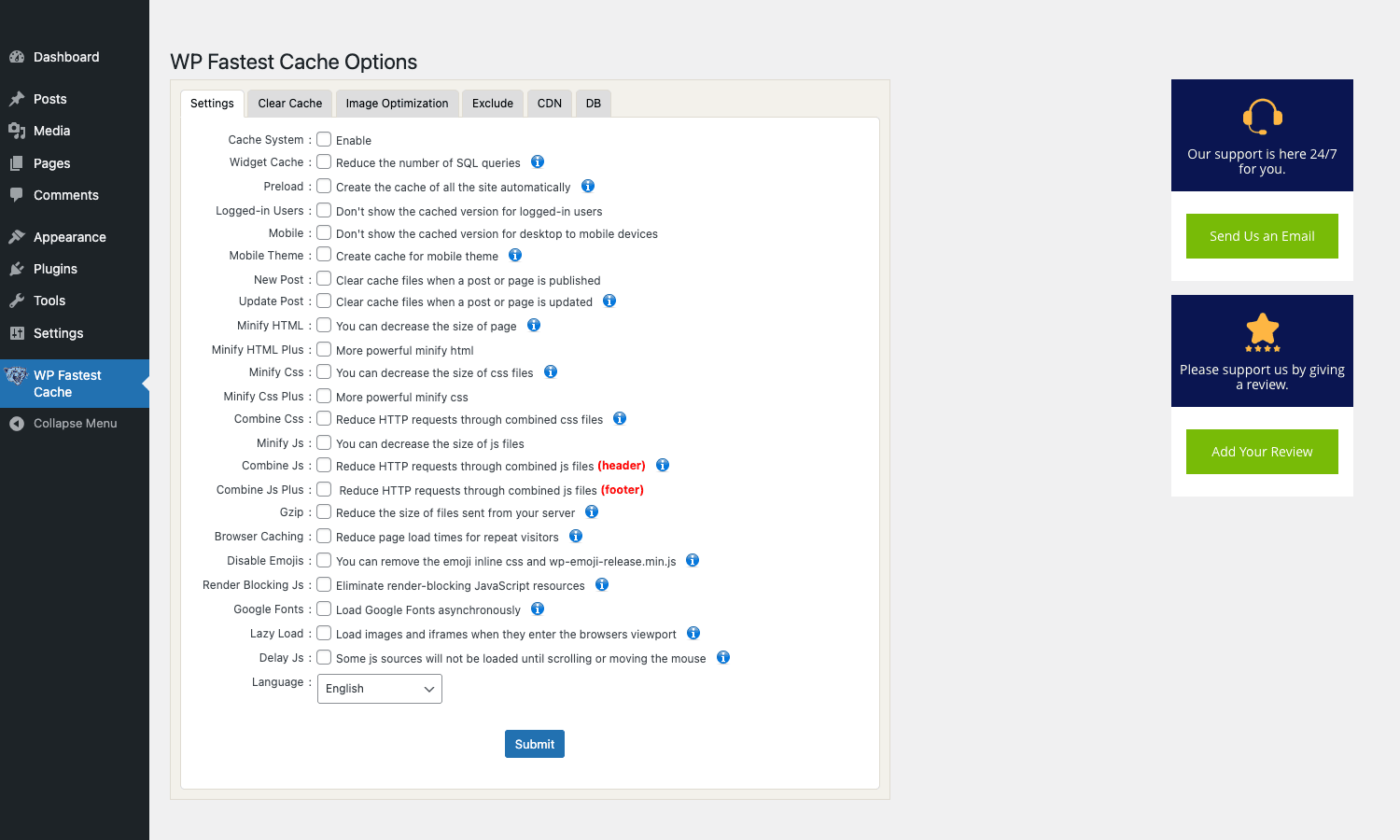 WP Fastest Cache main settings tab with all caching toggles