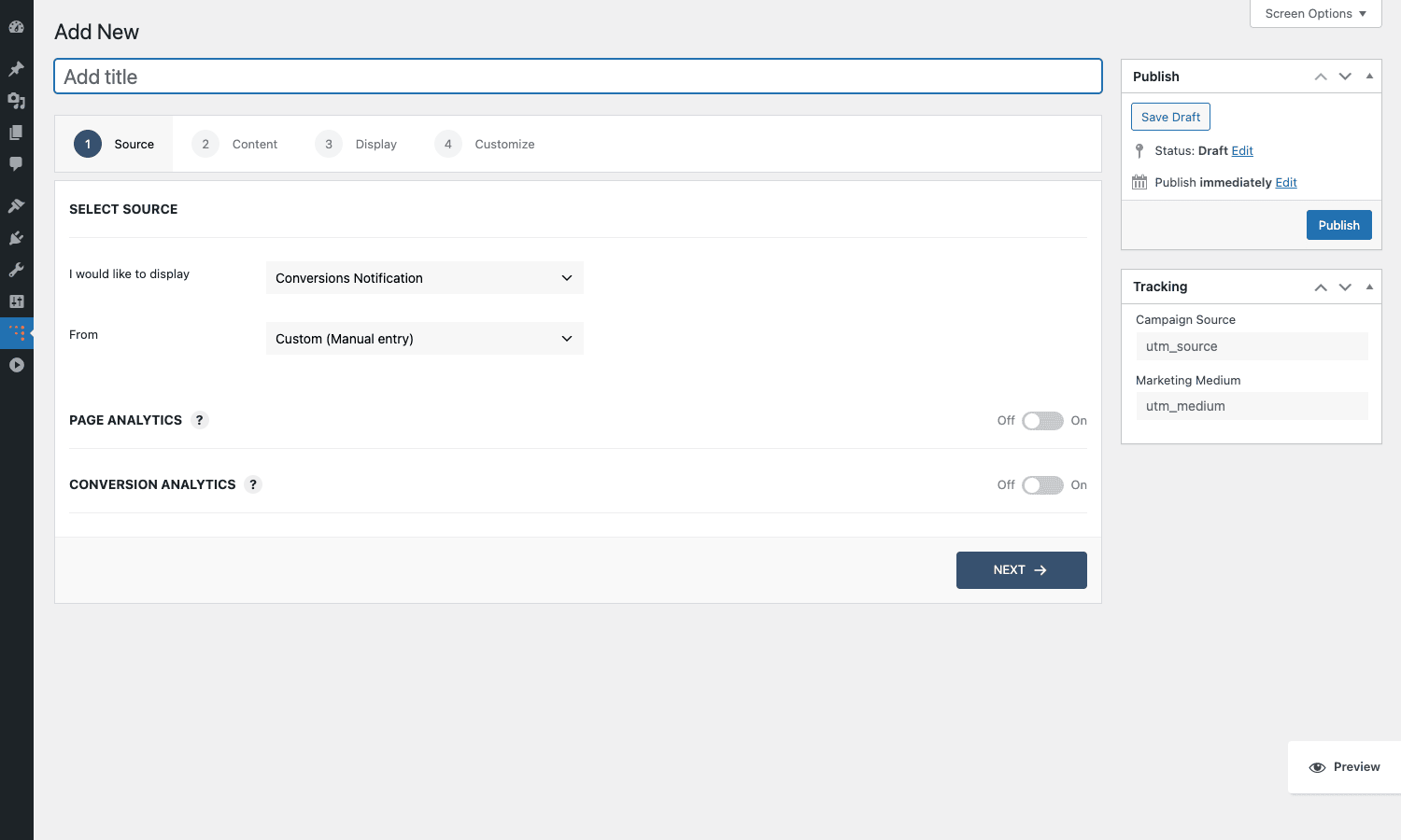 Source step of the WPfomify notification wizard WPfomify new notification source step