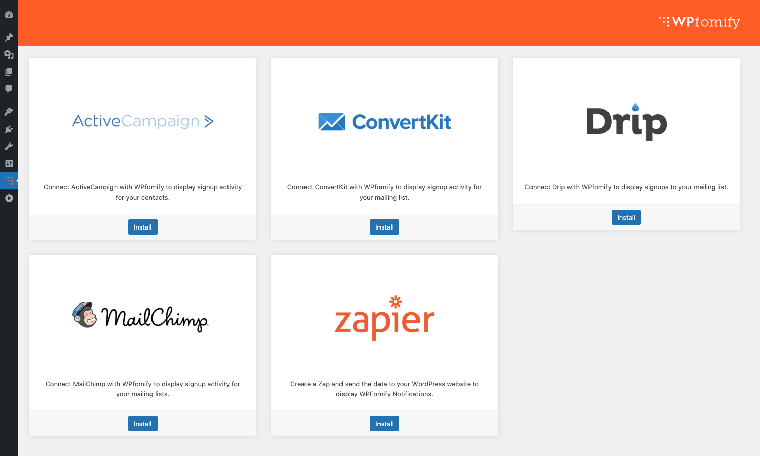Available WPfomify integration add-ons: ActiveCampaign, ConvertKit, Drip, MailChimp, Zapier WPfomify addons grid