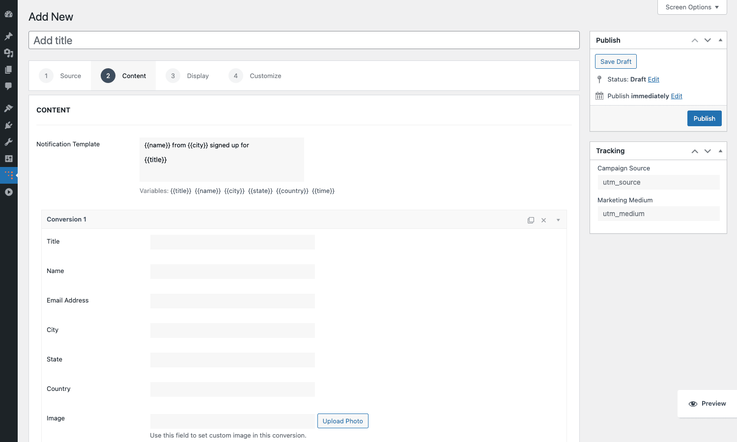 Notification template with name, city, and title merge variables WPfomify content tab with merge variables