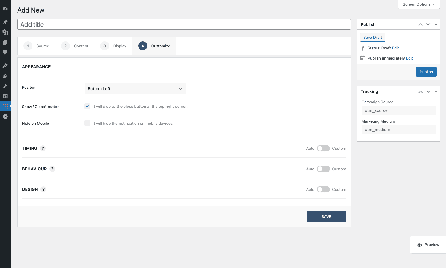 Customize tab: appearance, timing, behaviour, design WPfomify customize tab with position and timing
