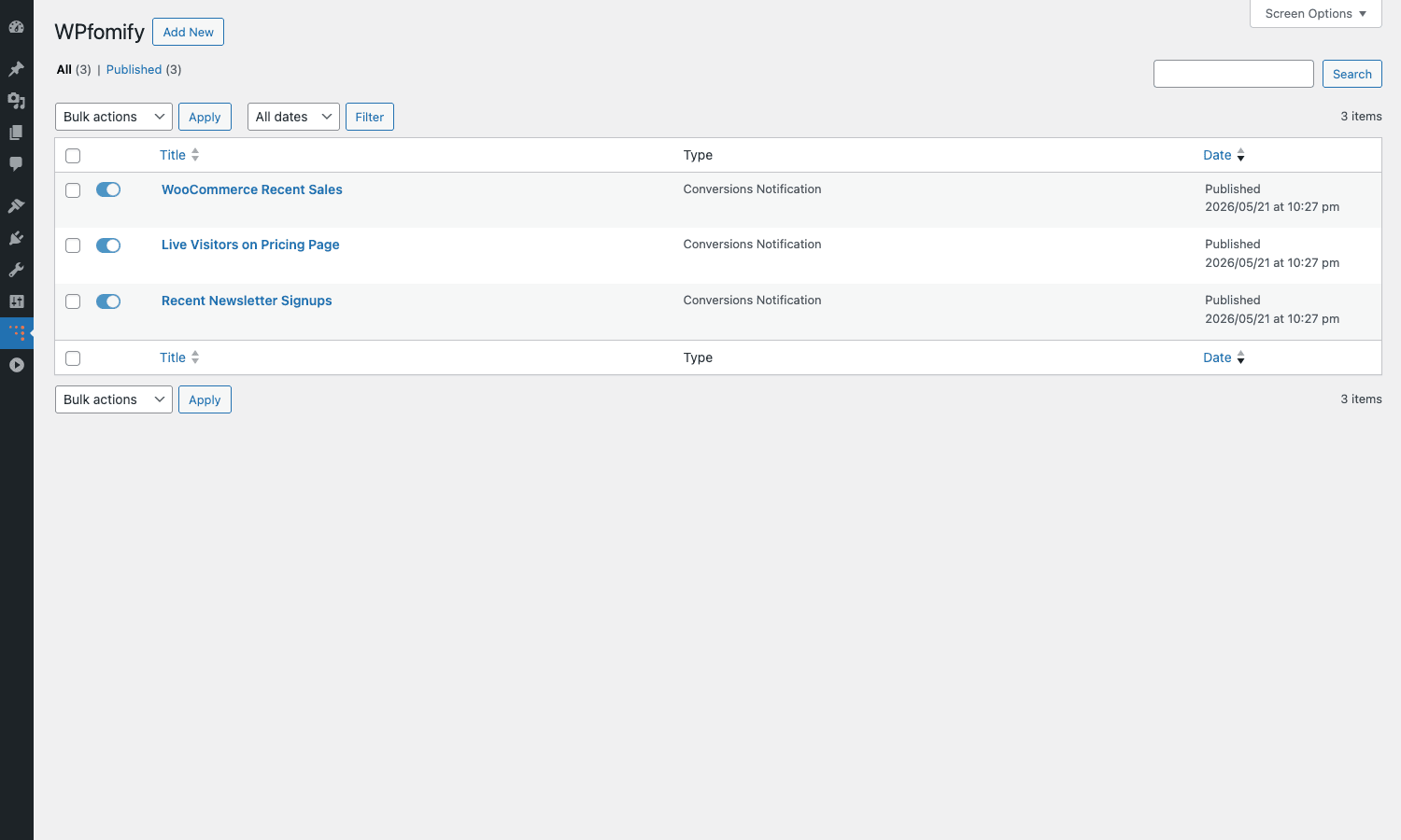 Three WPfomify notification rules in the post type list WPfomify notifications list