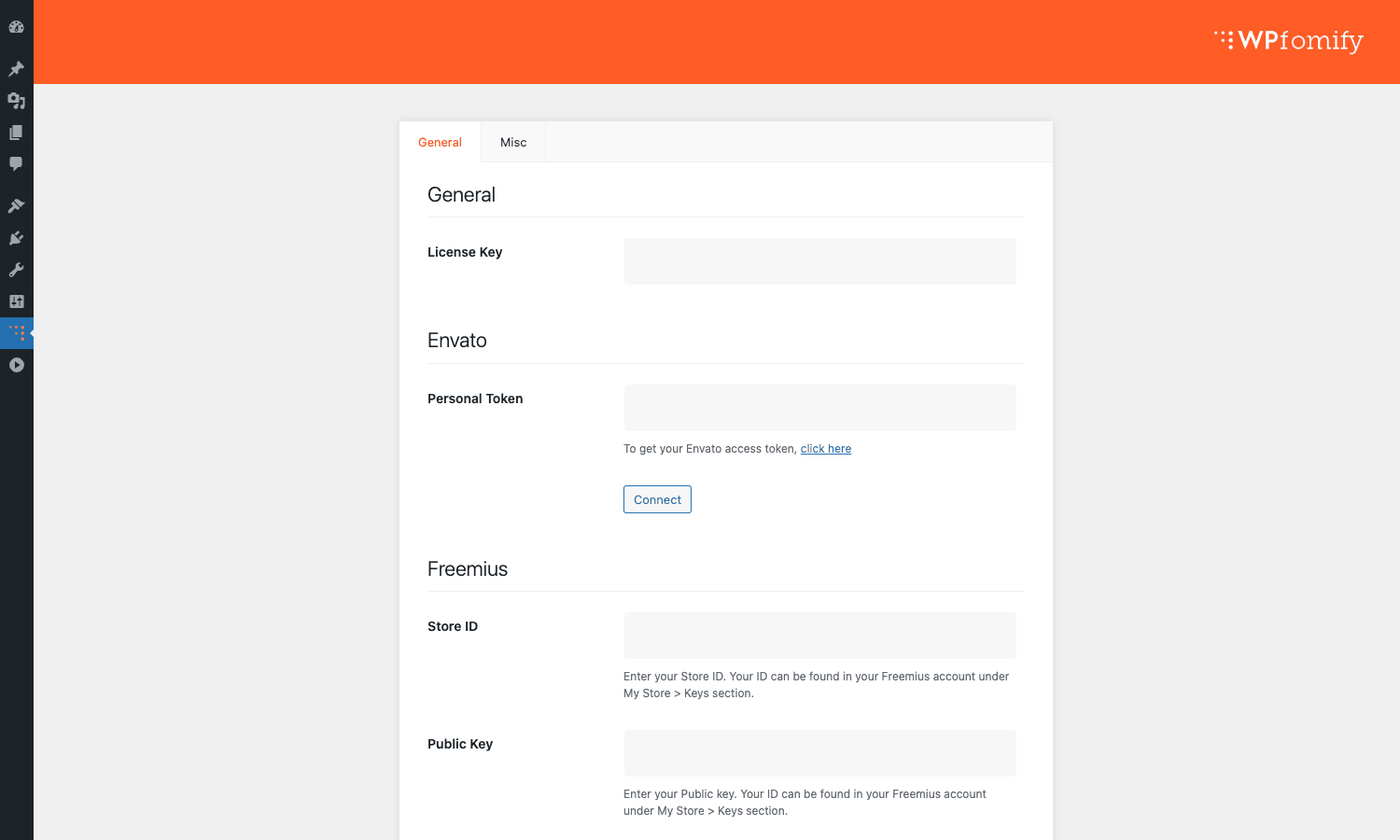 WPfomify settings page with license, Envato, and Freemius fields WPfomify settings page