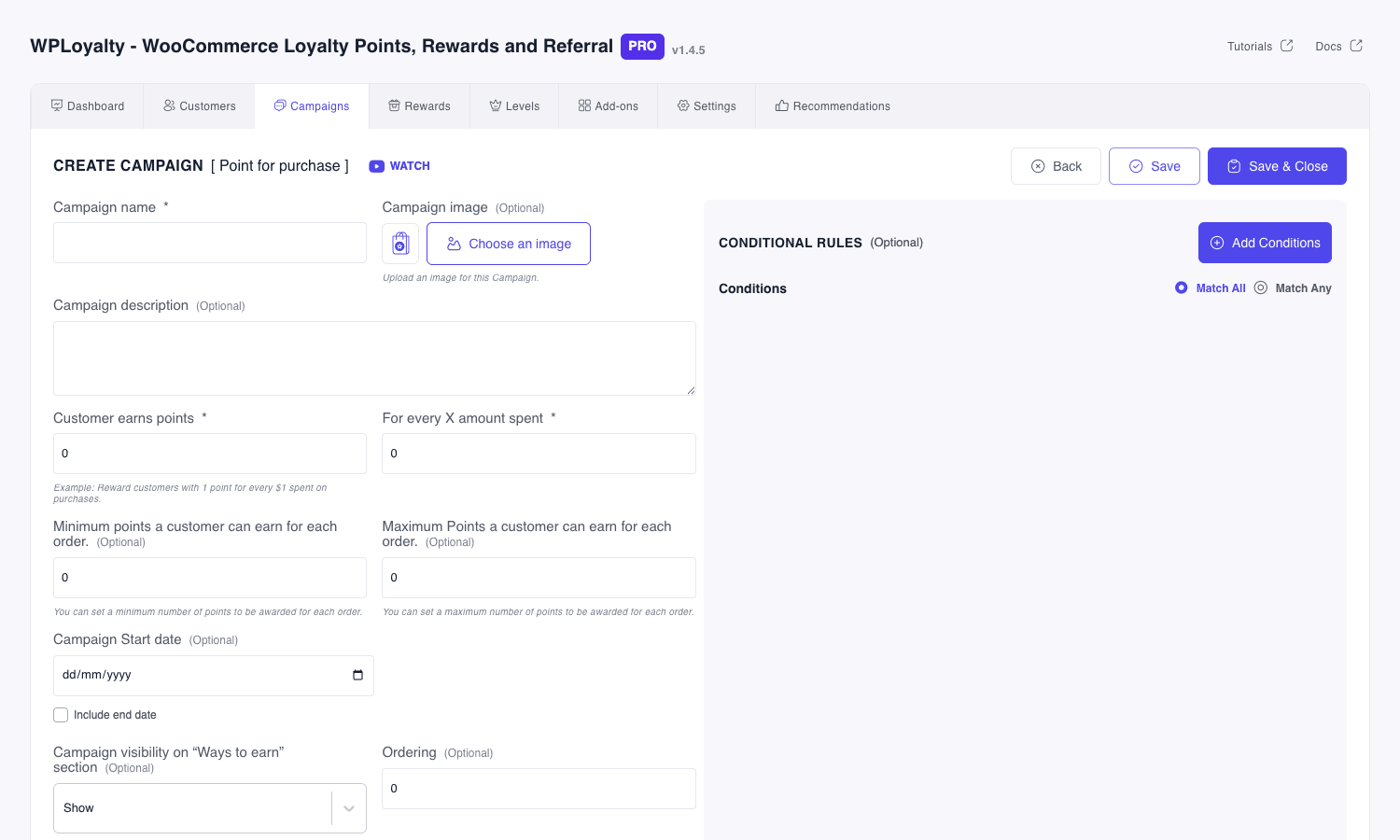 WPLoyalty new earning campaign editor WPLoyalty earn campaign editor for Points for Purchase showing fields for campaign name, image, description, customer earns points, for every X amount spent, min/max points per order, start date, visibility, and conditional rules sidebar