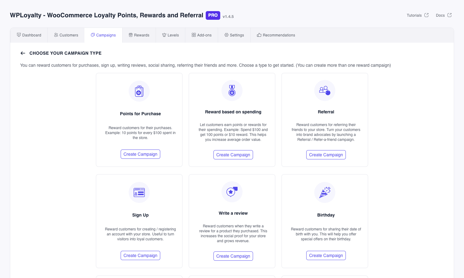 WPLoyalty earning campaign types WPLoyalty campaign type chooser showing six campaign cards including Points for Purchase, Reward Based on Spending, Referral, Sign Up, Write a Review, and Birthday