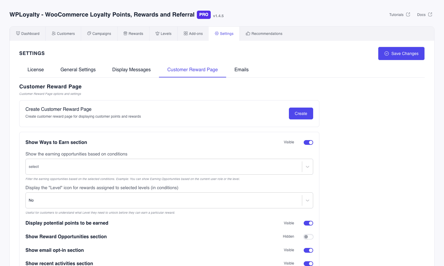 WPLoyalty customer reward page settings WPLoyalty Customer Reward Page settings tab showing toggles for Ways to Earn, Reward Opportunities, email opt-in, and other section-level visibility controls