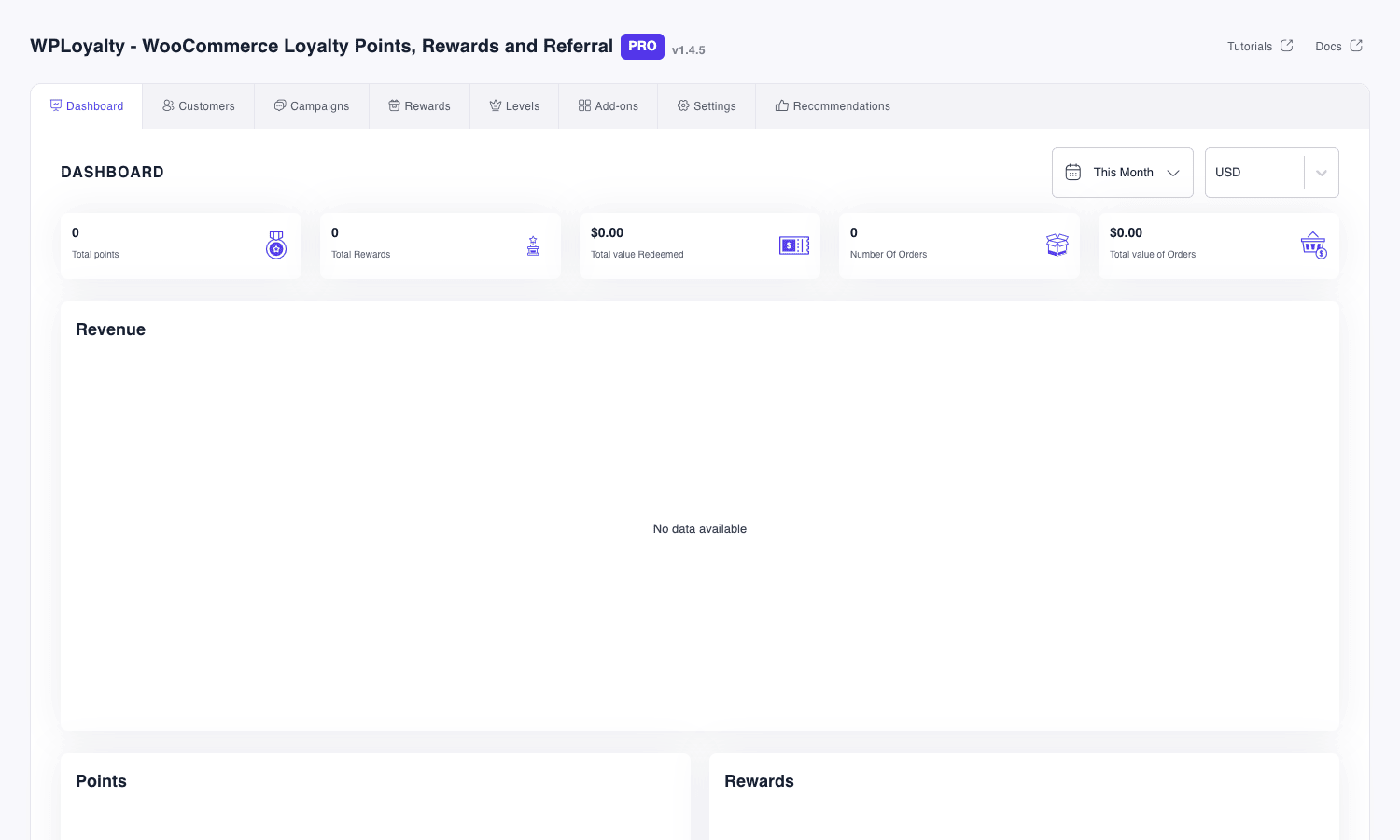 WPLoyalty dashboard WPLoyalty dashboard inside WooCommerce showing total points, rewards, redeemed value, and orders for a connected store