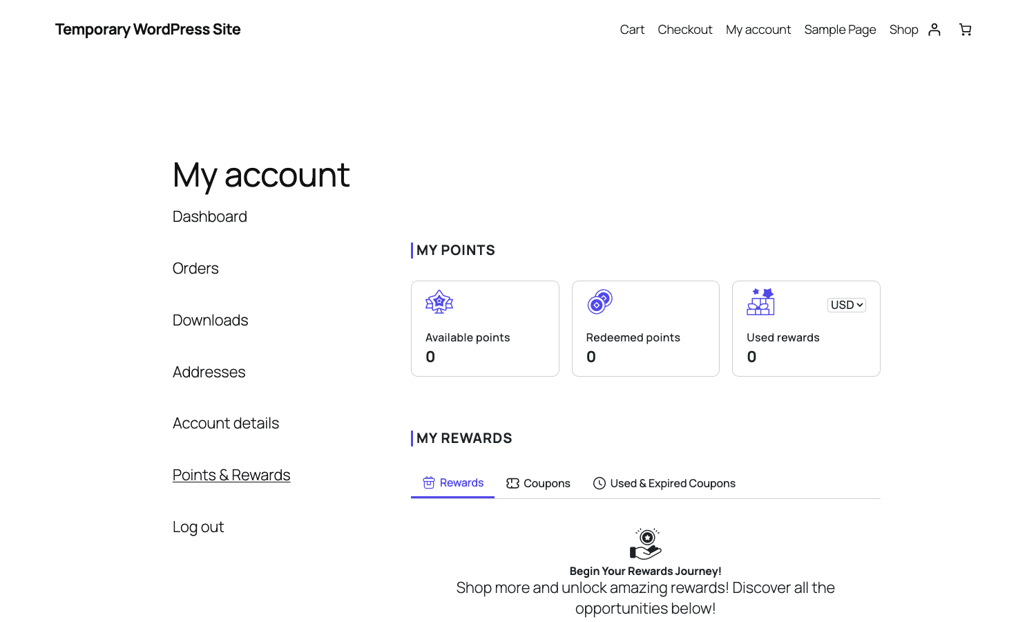 WPLoyalty customer my-account rewards widget WPLoyalty customer-facing Points and Rewards page inside WooCommerce My Account with balance cards for available points, redeemed points, used rewards, plus a Rewards tab showing reward opportunities