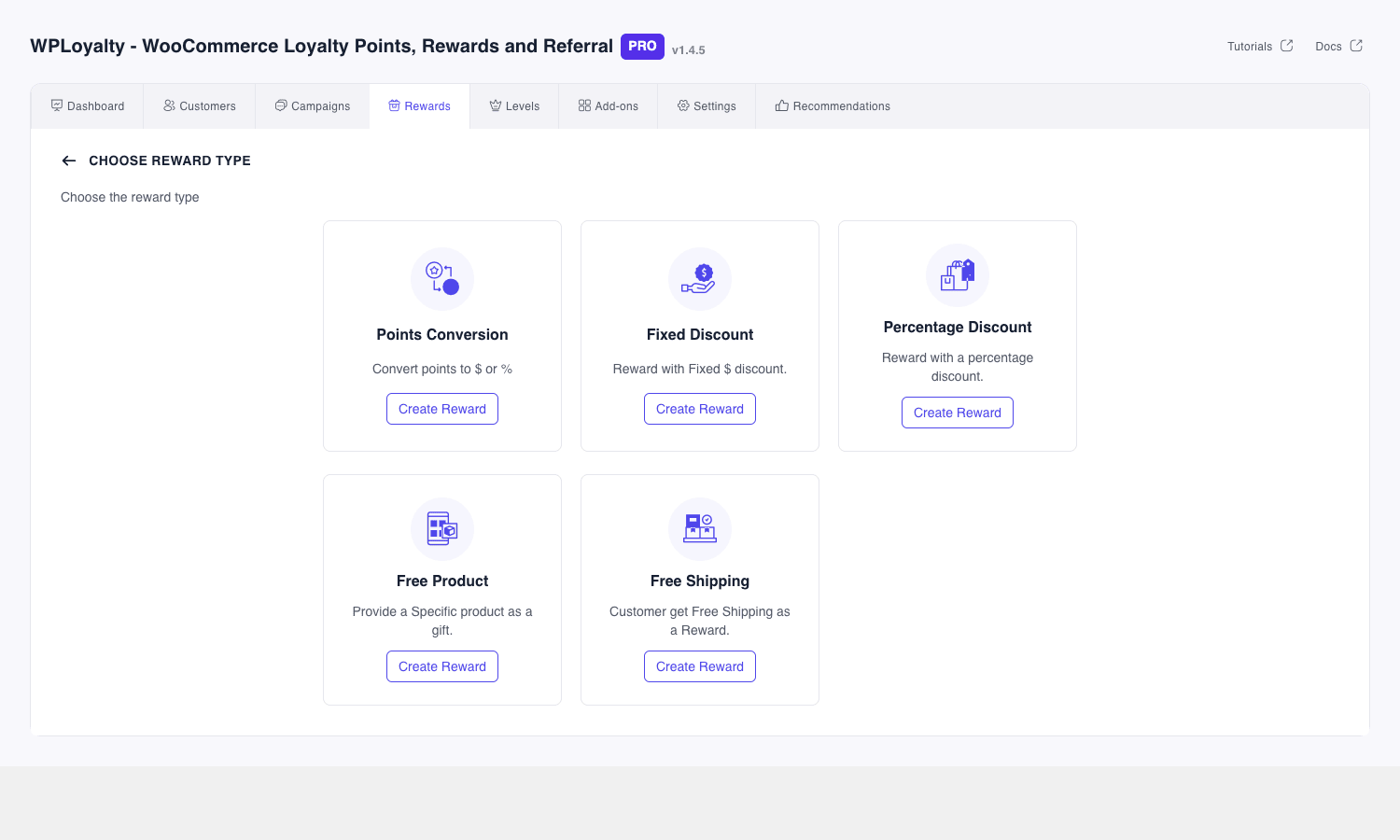 WPLoyalty reward type chooser WPLoyalty reward type chooser showing five reward cards: Points Conversion, Fixed Discount, Percentage Discount, Free Product, and Free Shipping