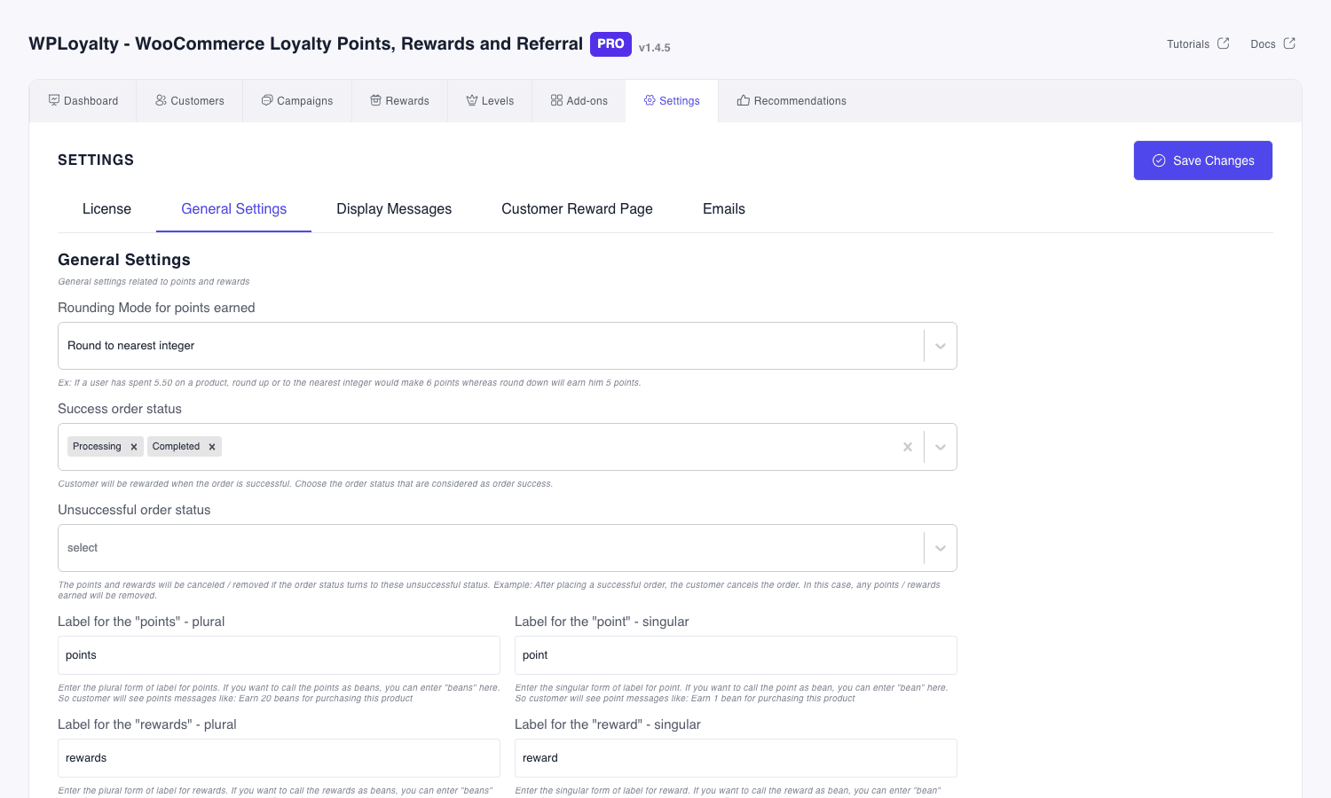 WPLoyalty general settings WPLoyalty Settings page showing License, General Settings, Display Messages, Customer Reward Page, and Emails sub-tabs with general settings controls visible