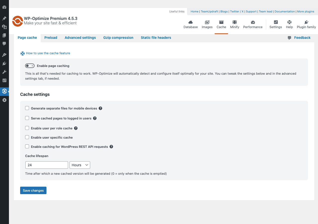 WP-Optimize cache settings page with Enable page caching toggle, cache options for mobile devices and logged-in users, and cache lifespan setting