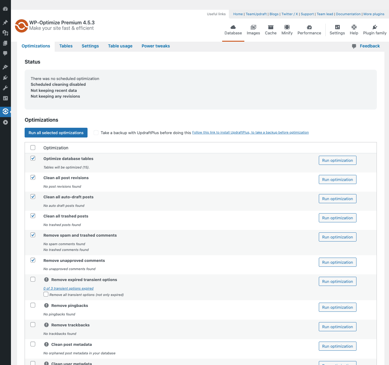 WP-Optimize Premium database optimization page showing a list of optimizations with checkboxes and individual Run optimization buttons