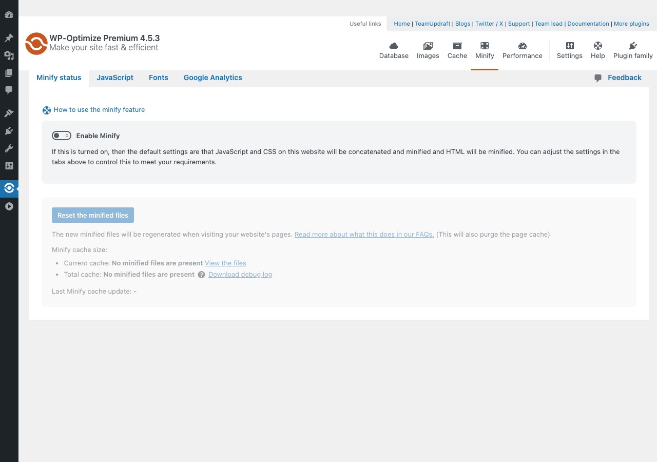 WP-Optimize minify settings showing Enable Minify toggle, JavaScript and Fonts tabs, and Reset the minified files button
