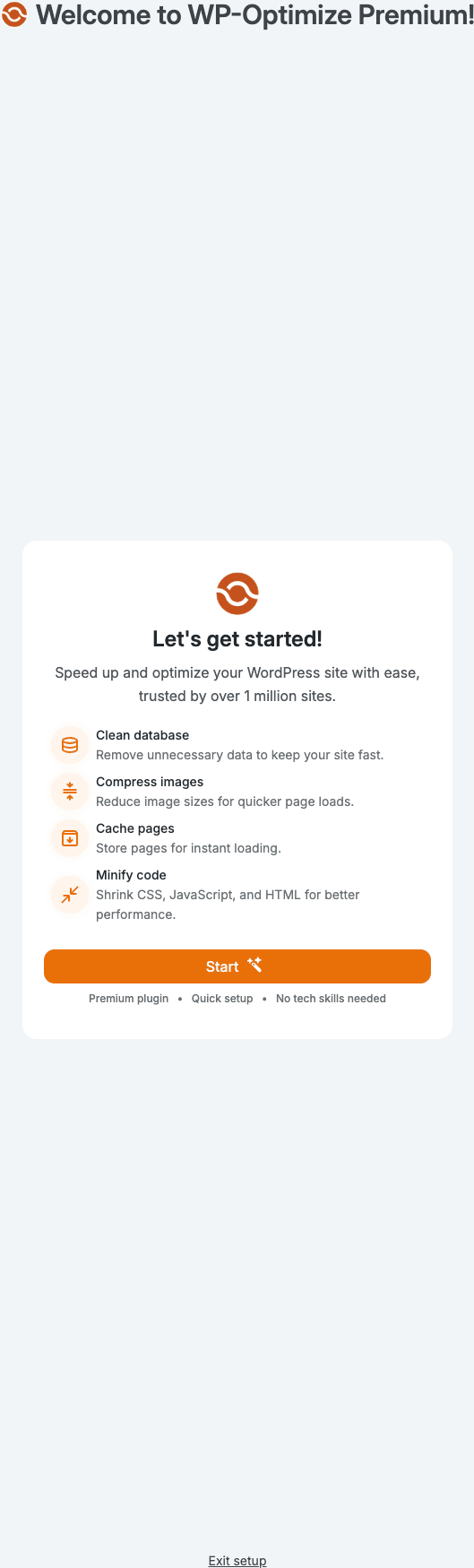 WP-Optimize Premium welcome screen with feature highlights for clean database, compress images, cache pages, and minify code