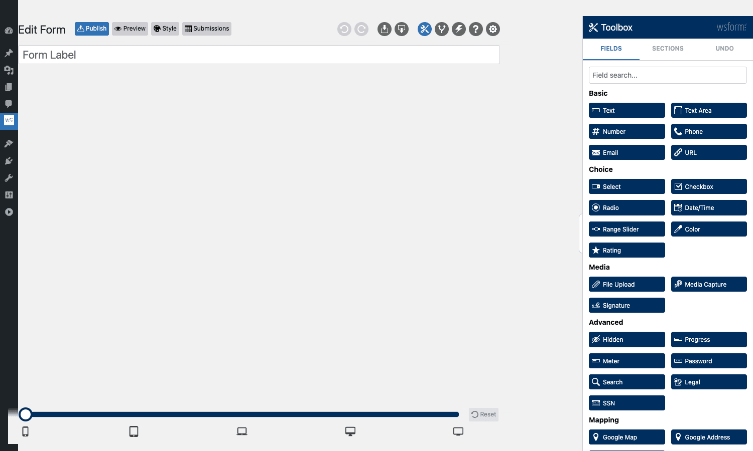 WS Form PRO visual builder WS Form PRO visual form builder canvas with the field toolbox showing Basic, Choice, Media, Advanced, Mapping, and Spam Protection field groups