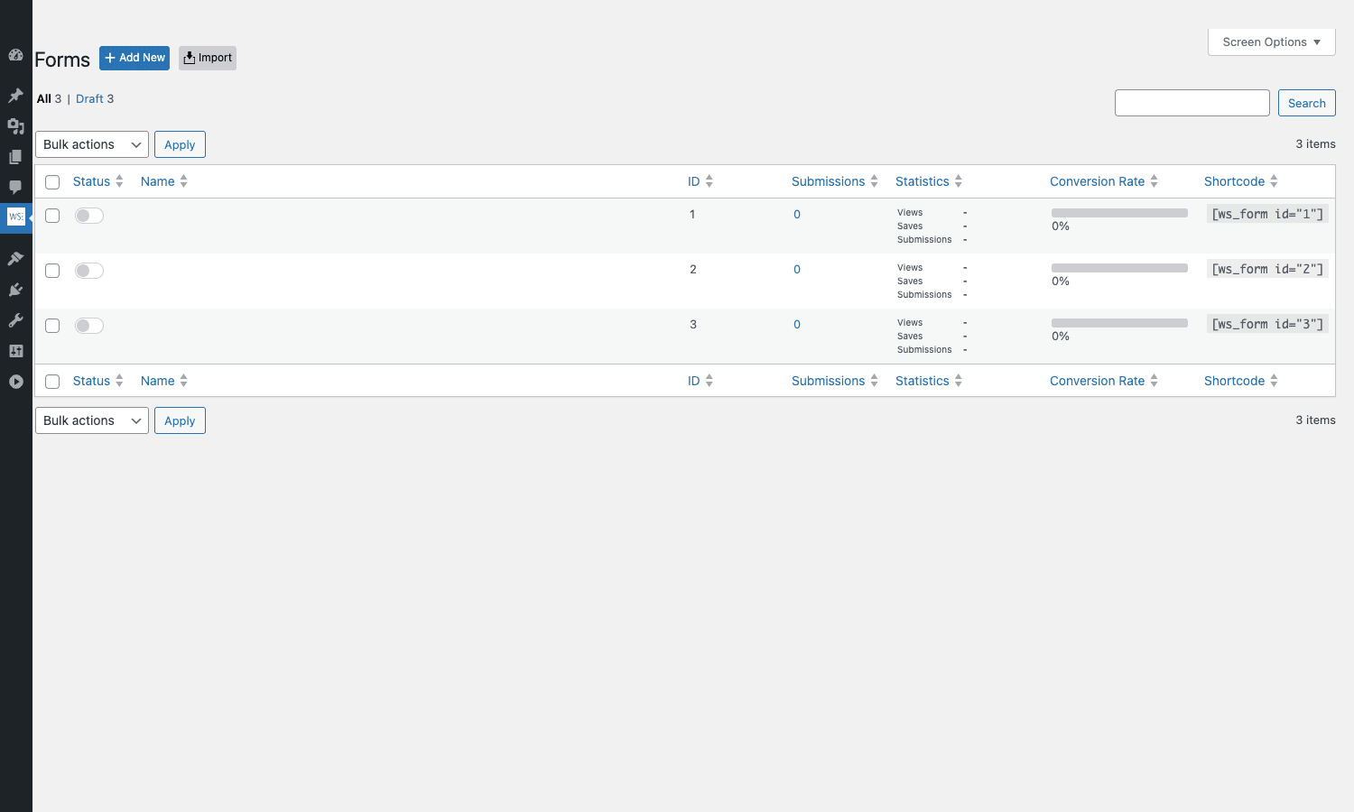 WS Form PRO Forms list WS Form PRO Forms admin list with ID, Submissions, Statistics, Conversion Rate, and Shortcode columns