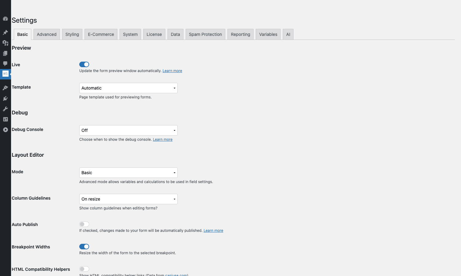 WS Form PRO Basic settings WS Form PRO Settings Basic tab showing Preview, Debug, and Layout Editor sections
