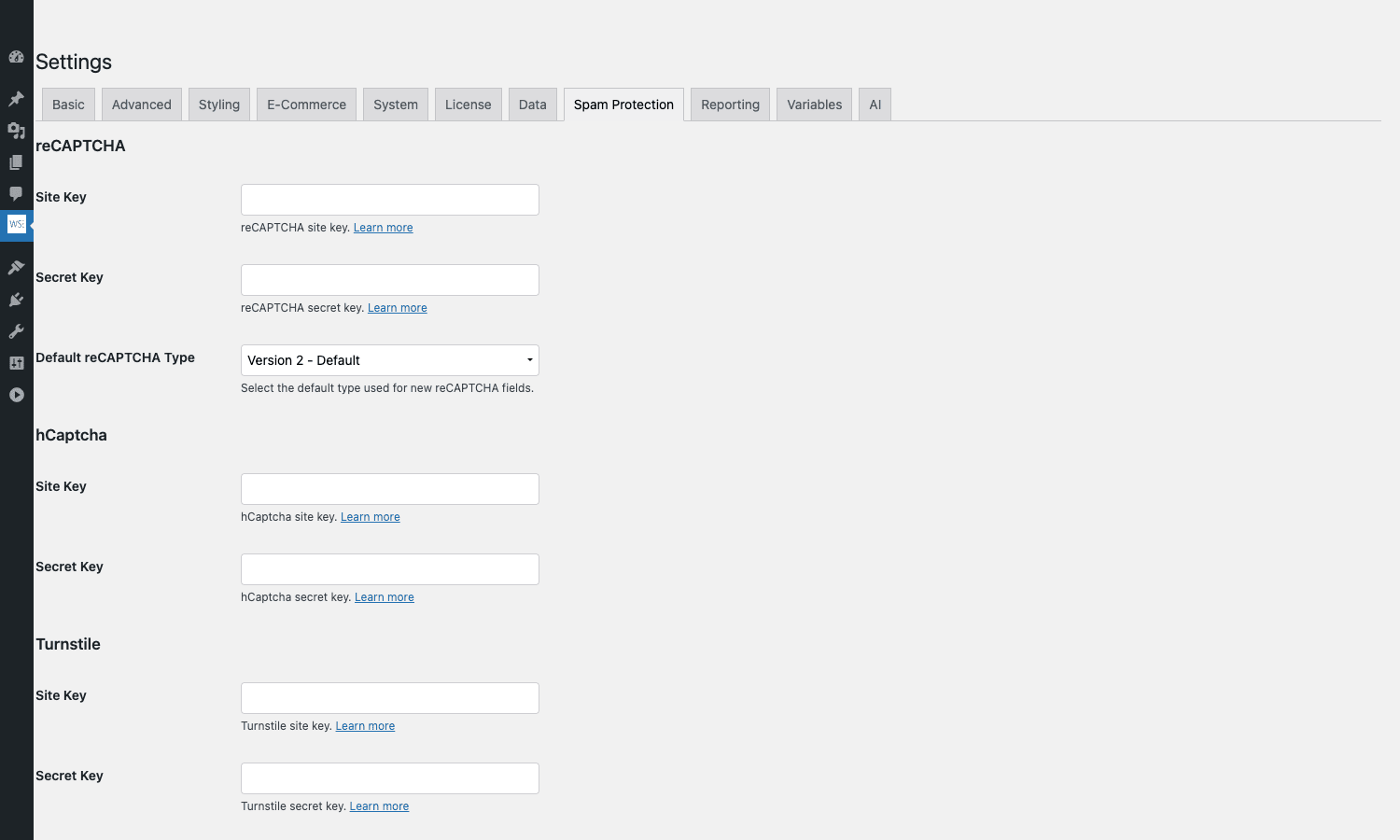 WS Form PRO spam protection settings WS Form PRO Settings Spam Protection tab with reCAPTCHA, hCaptcha, and Turnstile site-key and secret-key fields