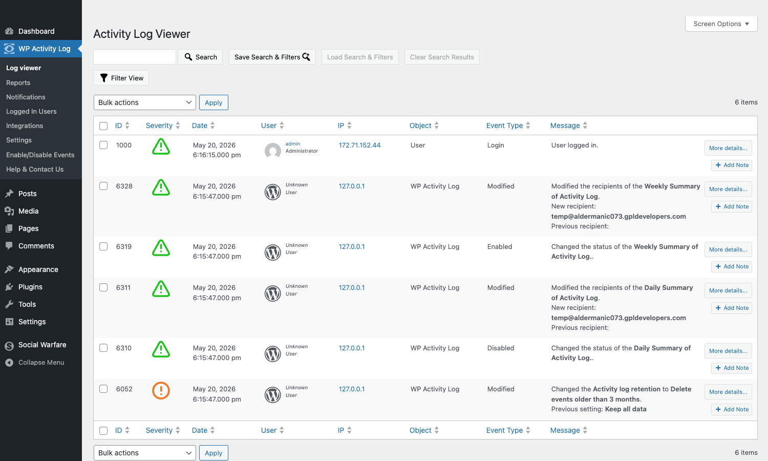 WP Activity Log activity log viewer with severity icons and event columns
