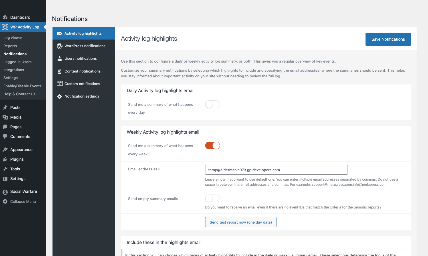 WP Activity Log Notifications admin page with notification rules