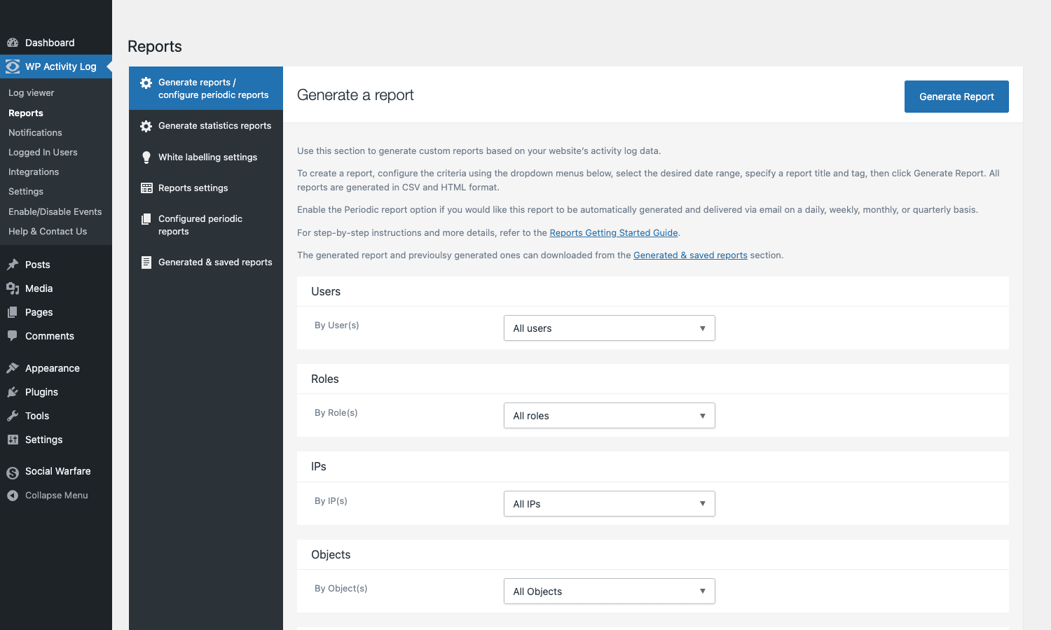 WP Activity Log Reports admin page