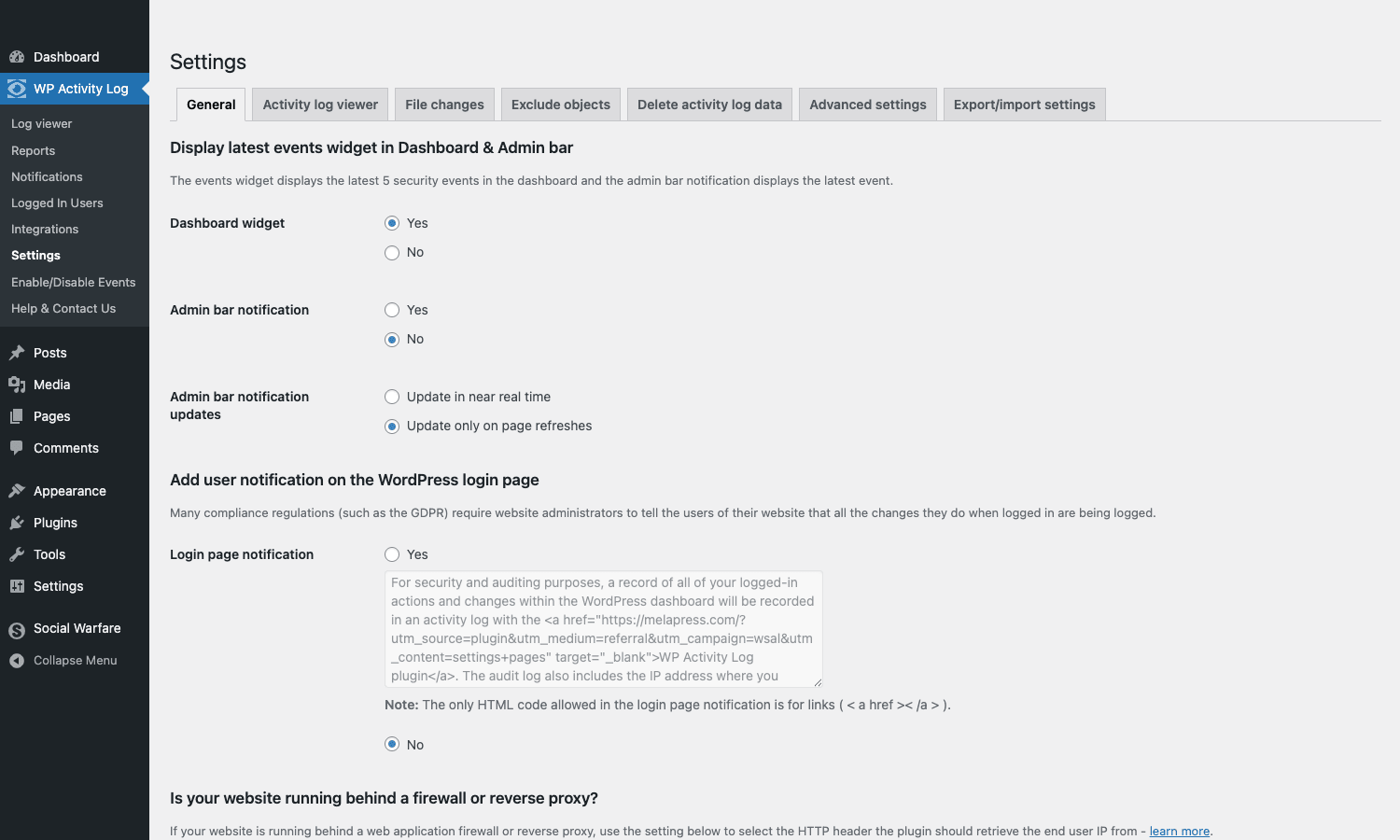 WP Activity Log Settings General tab