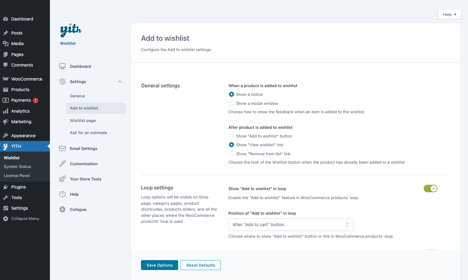 YITH Wishlist Settings - Add to wishlist YITH Wishlist Settings - Add to wishlist tab, with general behavior and loop placement controls
