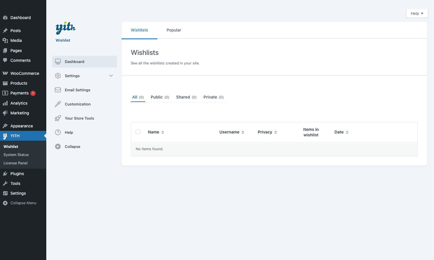 YITH Wishlist Dashboard YITH Wishlist Dashboard with empty Wishlists tab, filter pills for All/Public/Shared/Private, and the YITH plugin left-rail navigation