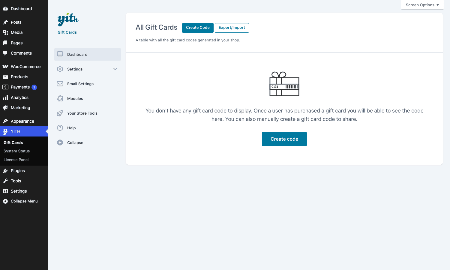 YITH Gift Cards admin dashboard YITH Gift Cards admin dashboard showing the All Gift Cards table empty state