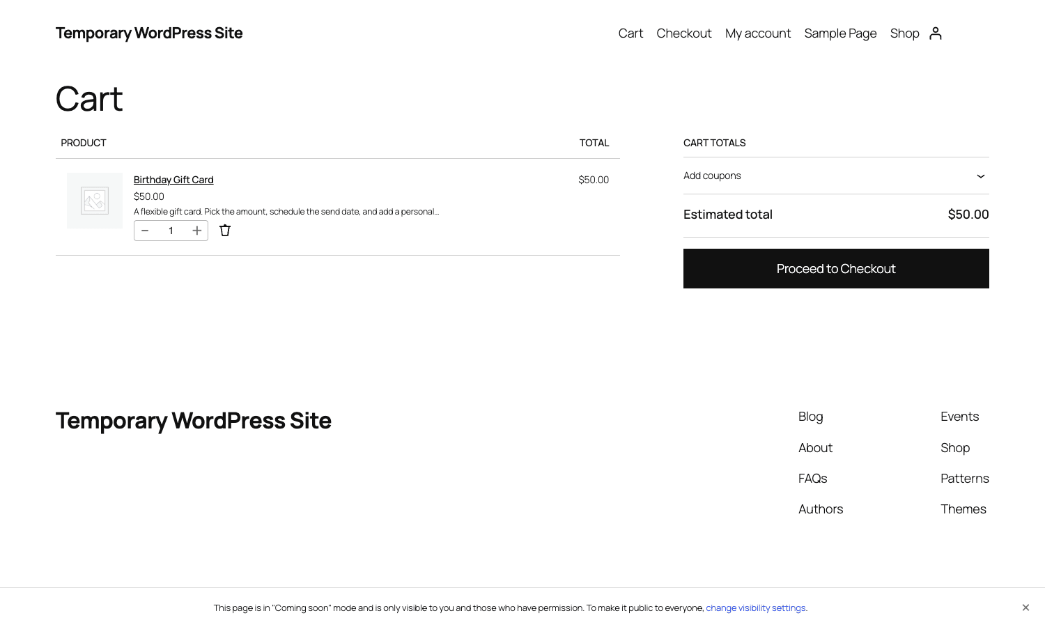 Cart with gift card line item Cart page with a Birthday Gift Card added showing the line item and cart total