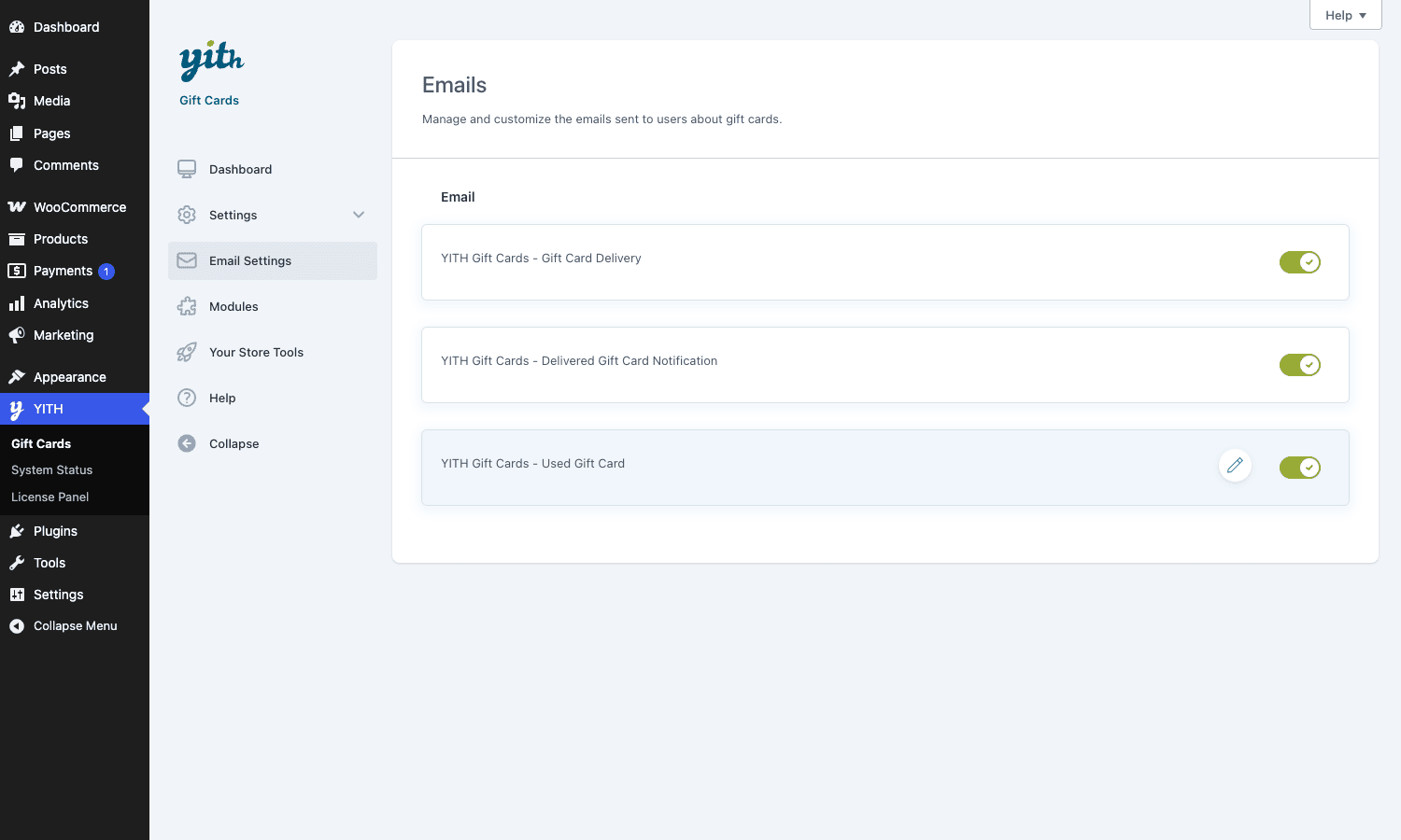 Email Settings Email Settings showing the three transactional emails for delivery, notification, and usage