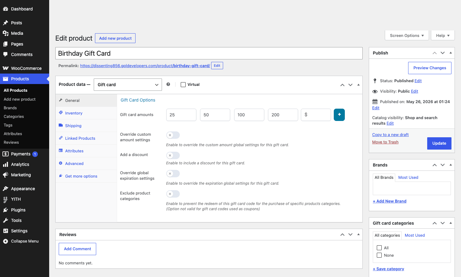 Gift Card product editor Product editor with Gift Card product type and amount preset fields