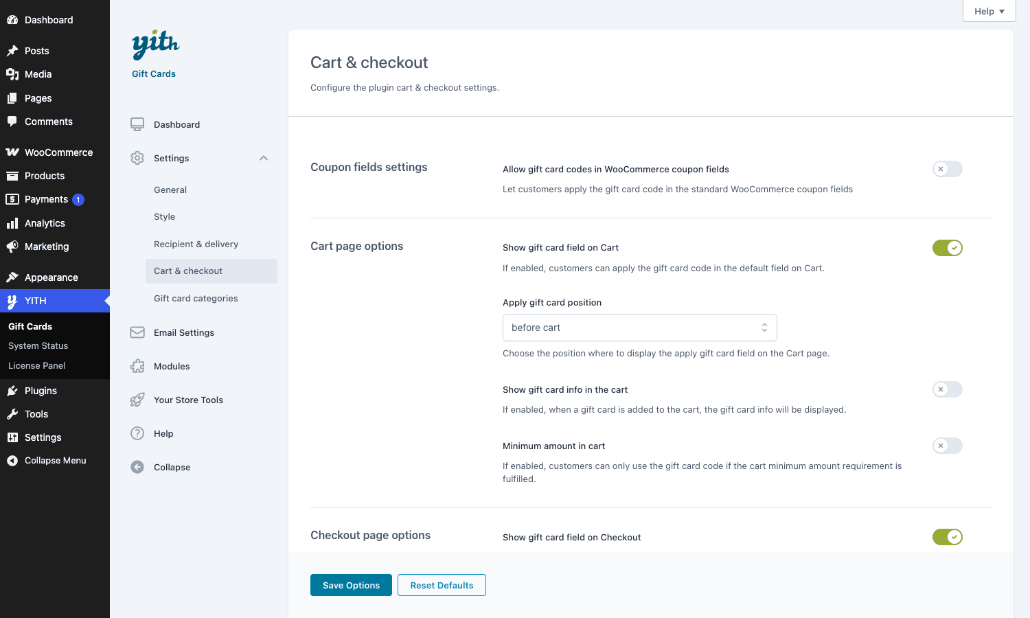 Cart and checkout settings Cart and checkout settings with gift card field positions and minimum-cart-amount gate