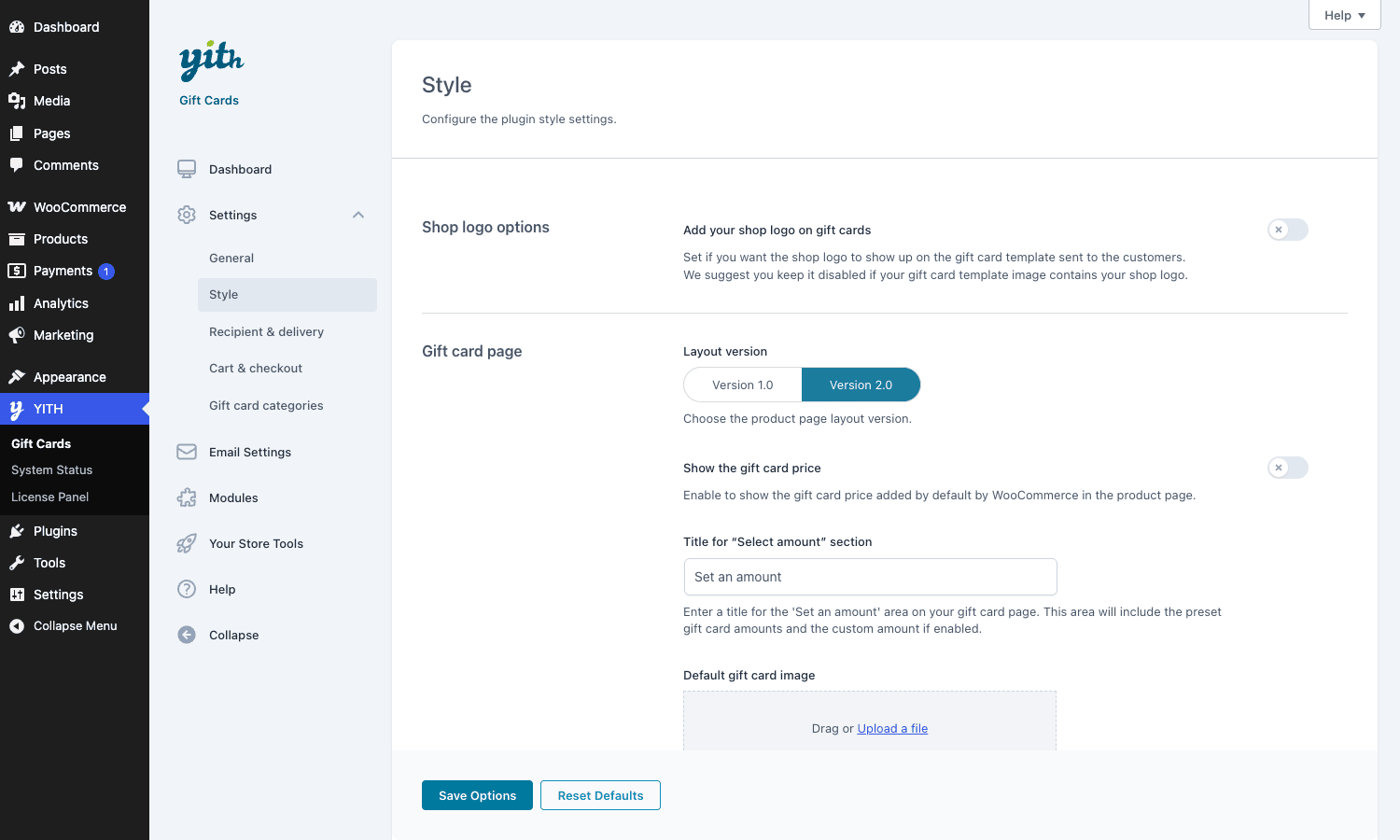 YITH Gift Cards Style settings YITH Gift Cards Style settings with layout version, default image, and color options