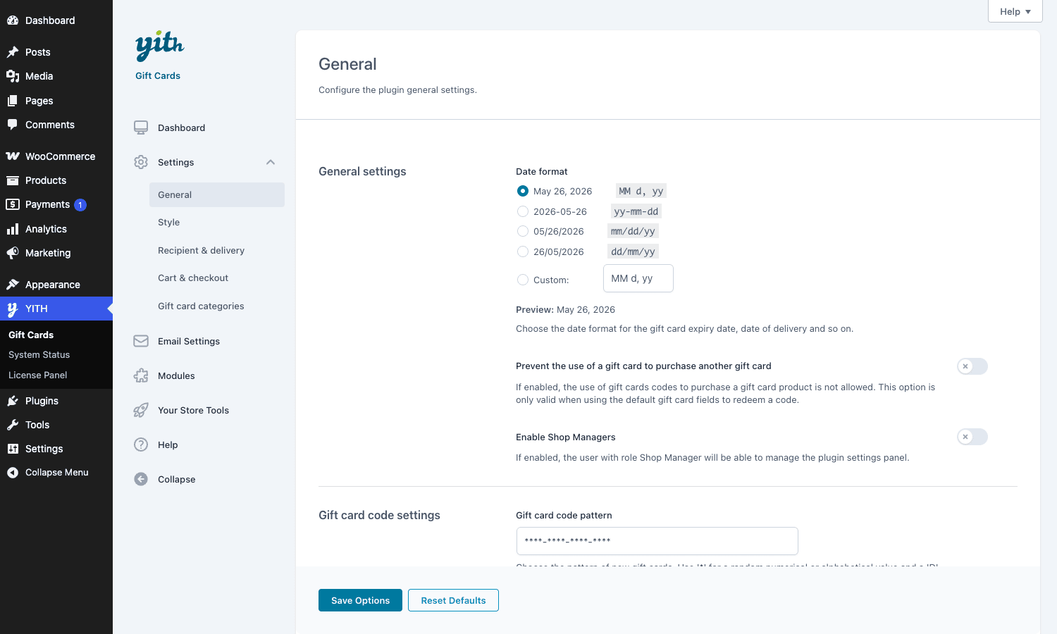 YITH Gift Cards general settings YITH Gift Cards general settings showing date format, code pattern, and expiration options