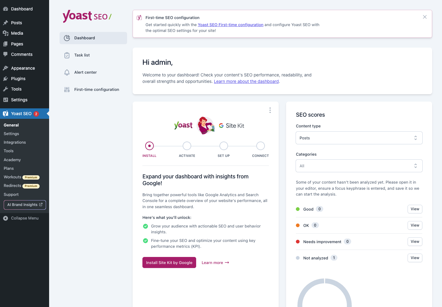 Yoast SEO Dashboard Yoast SEO Premium admin dashboard showing SEO scores by content type