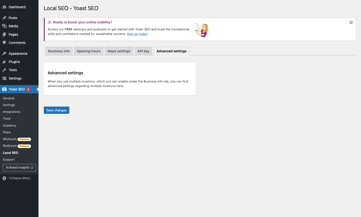 Yoast Local SEO Advanced settings tab where multi-location options can be tuned Yoast Local SEO Advanced settings tab in multi-location mode