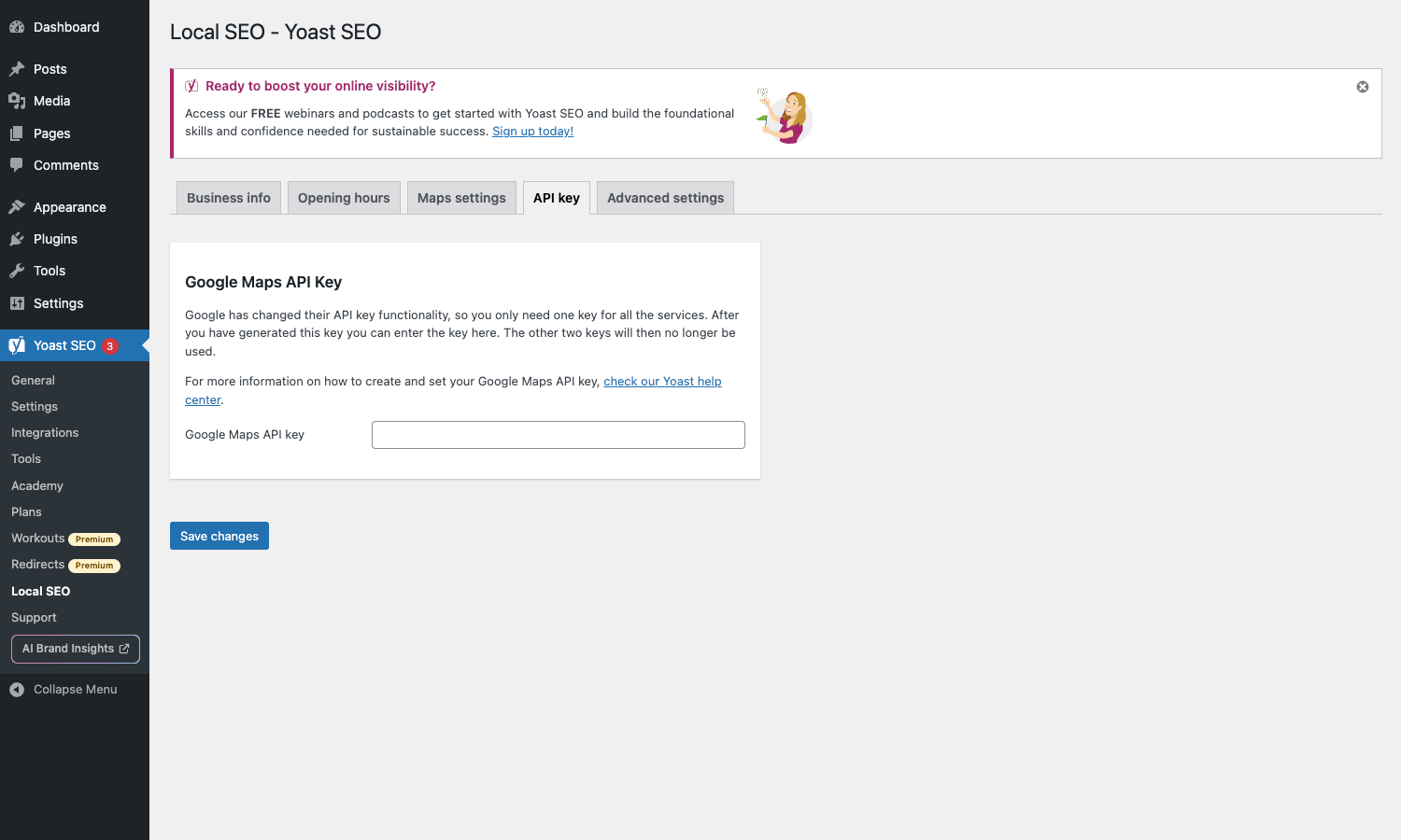Yoast Local SEO API key tab with Google Maps API key input Yoast Local SEO API key tab with Google Maps API key field