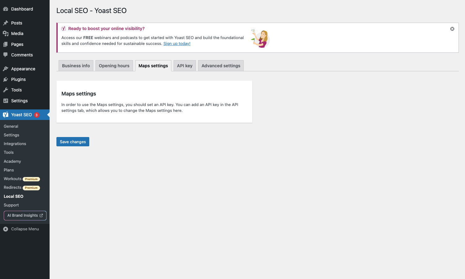 Yoast Local SEO Maps settings tab showing API key requirement message Yoast Local SEO Maps settings tab placeholder when no API key is set