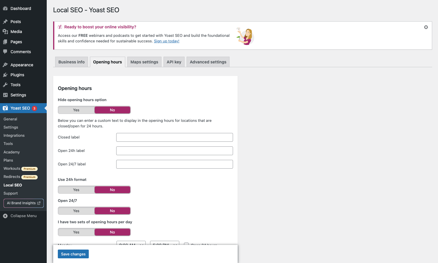 Yoast Local SEO Opening hours tab with Hide opening hours, Closed/Open 24h labels, Use 24h format, Open 24/7, two sessions per day toggles Yoast Local SEO Opening hours tab with per-day time fields and 24h toggle