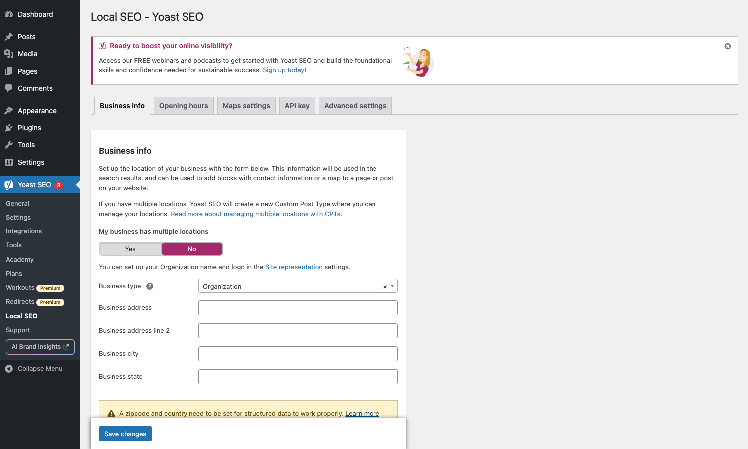 Yoast Local SEO settings page Business info tab with multi-location toggle and address form Yoast Local SEO Business info tab with multi-location toggle, business type, address fields