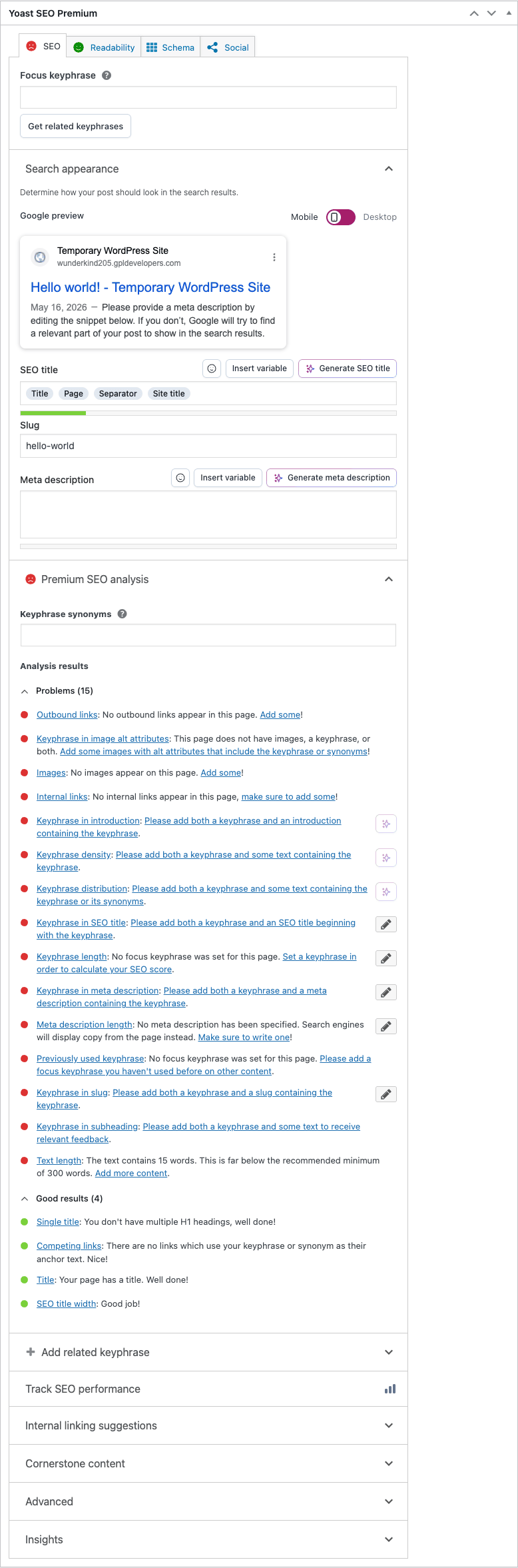 Yoast SEO meta box on a post Yoast SEO meta box in WordPress post editor showing focus keyphrase, Google snippet preview, and SEO analysis