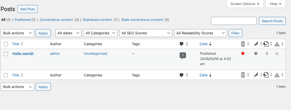 WordPress posts list with Yoast SEO Score and Readability columns plus cornerstone and orphaned content filters
