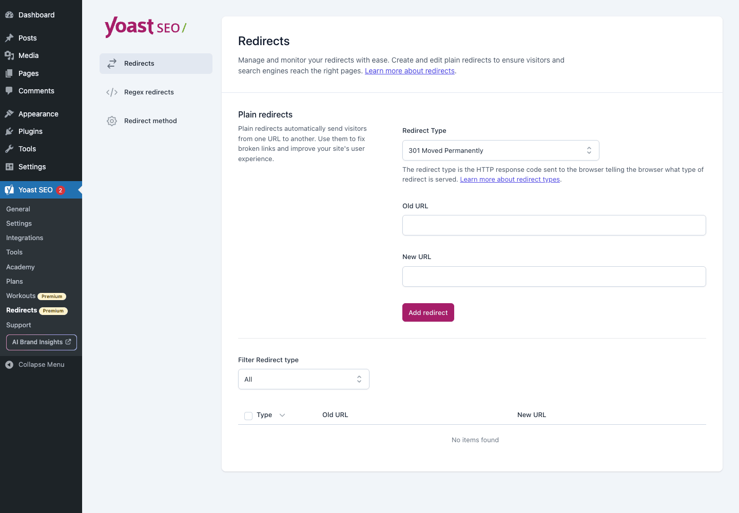 Yoast SEO Redirects Yoast SEO Premium Redirects manager with 301 redirect form and table