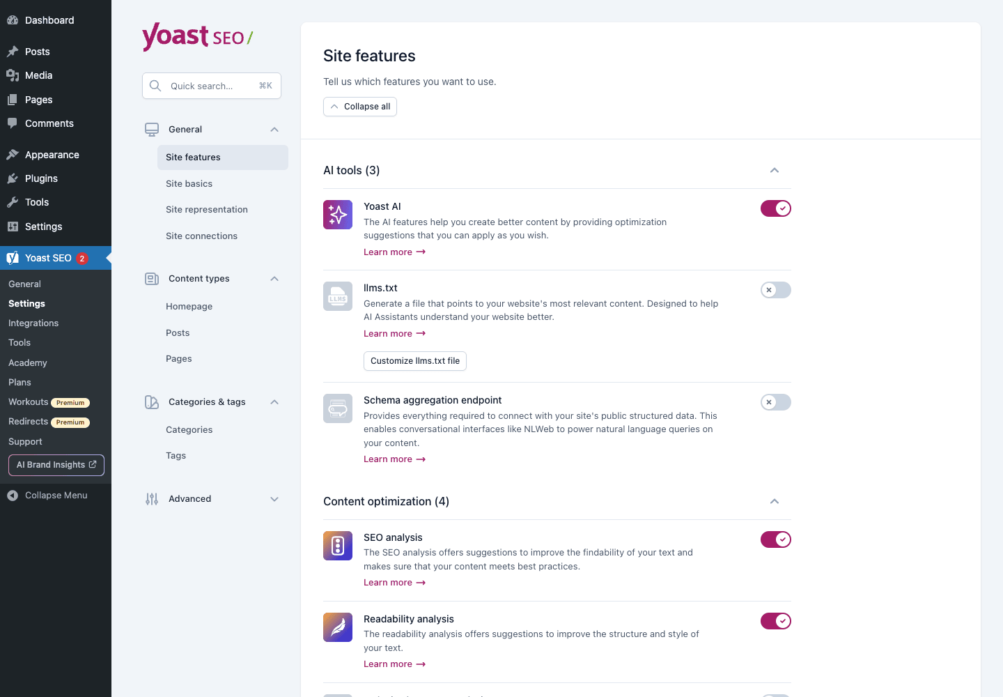 Yoast SEO Settings Yoast SEO Settings page with Site features toggles for AI tools and content optimization