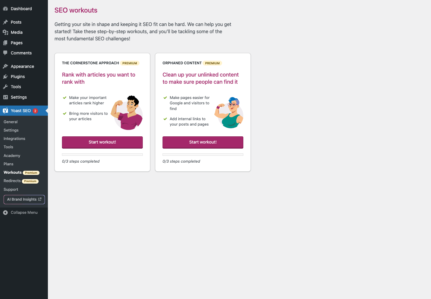 Yoast SEO Premium Workouts feature for cornerstone content and orphaned posts